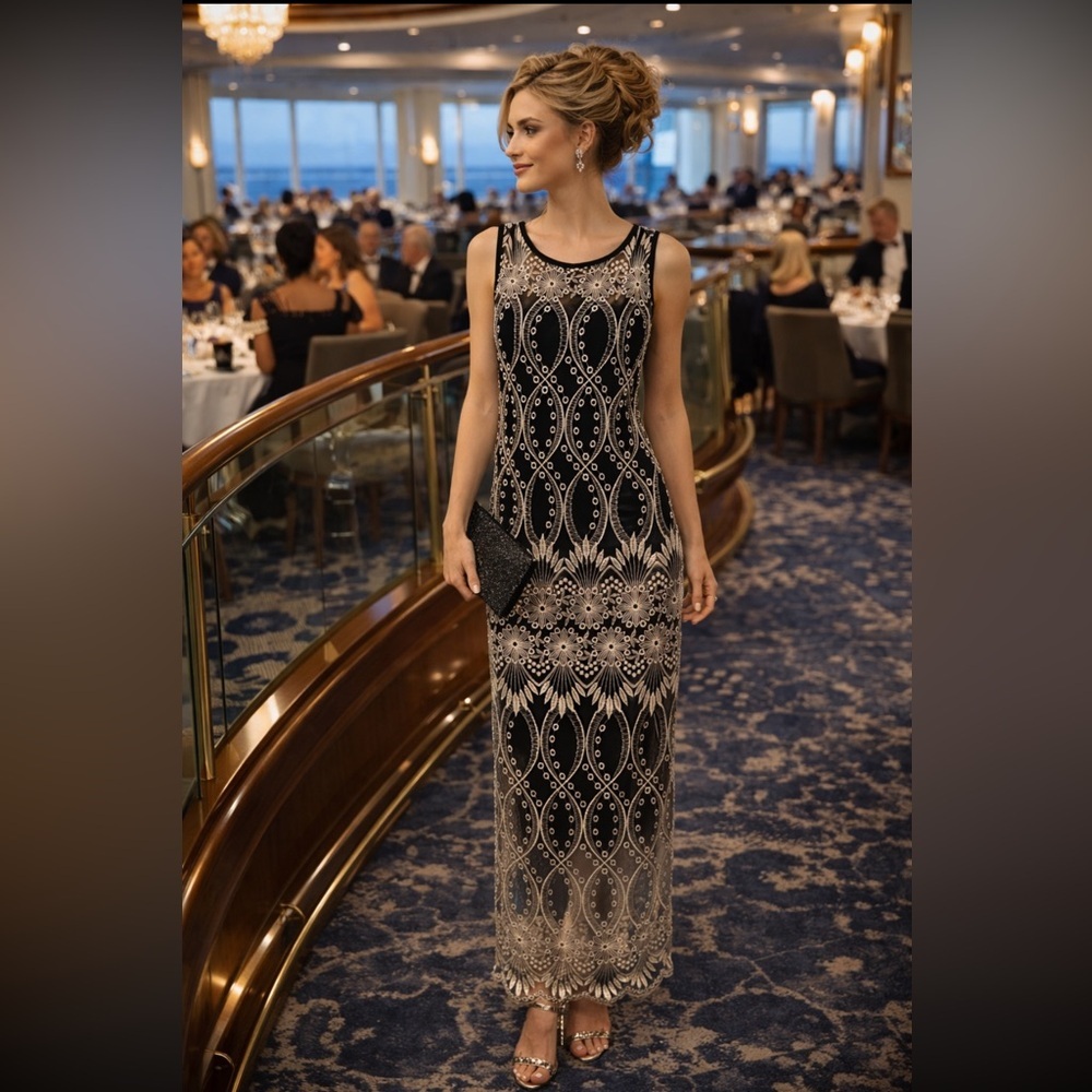 SAM Elegant Black and Ivory Mesh fabric Embroidered Maxi Dress size S.